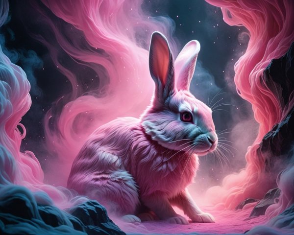 Fluffy Rabbit in Dreamlike Pink and Purple Mist