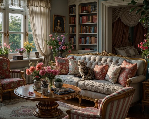 Cozy Living Room with Elegant Furnishings and Lighting