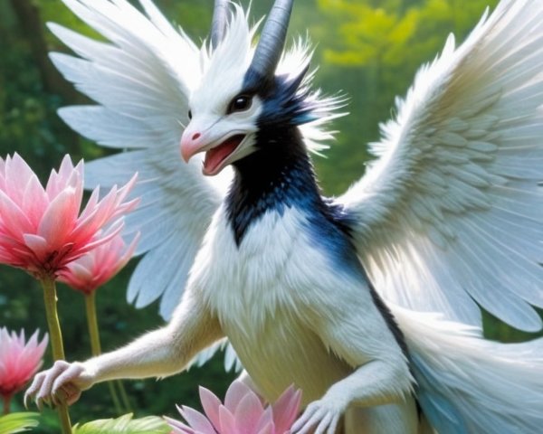 Majestic Creature in a Lush Forest with Lotus Flowers