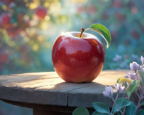 Red Apple on Rustic Table with Floral Background