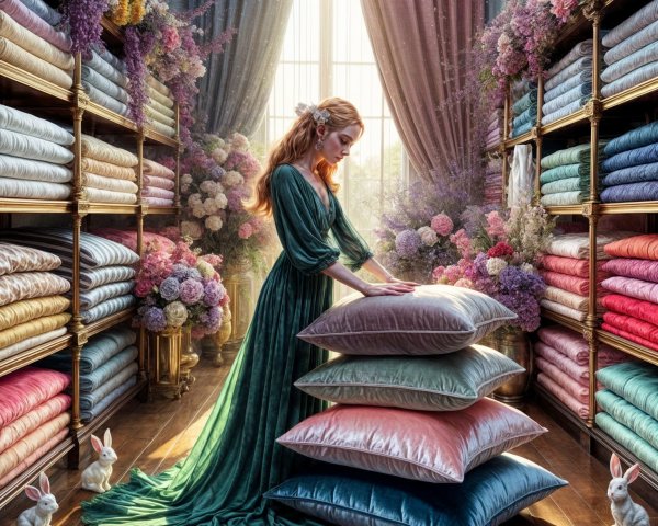 Serene Setting with Woman in Green Gown and Pillows