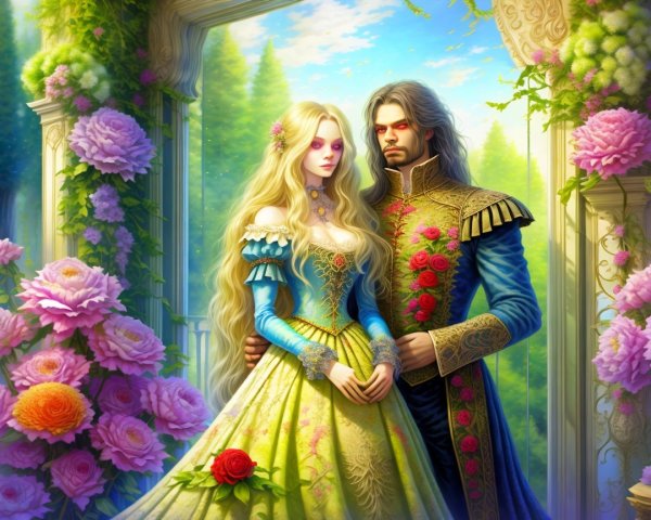 Noble Couple in Vibrant Garden with Roses and Archways