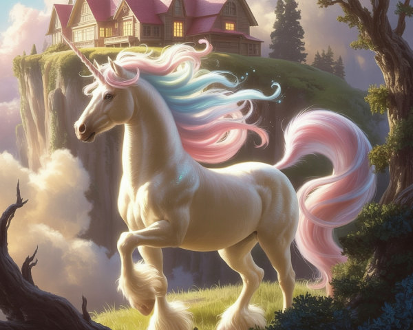 Majestic unicorn on cliff with whimsical castle backdrop