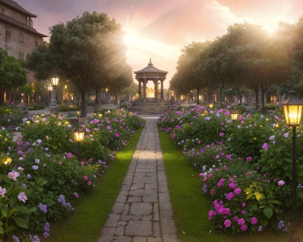 Serene Garden Pathway with Elegant Gazebo at Sunset