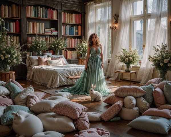 Elegant Room with Woman in Mint Green Gown and Rabbit