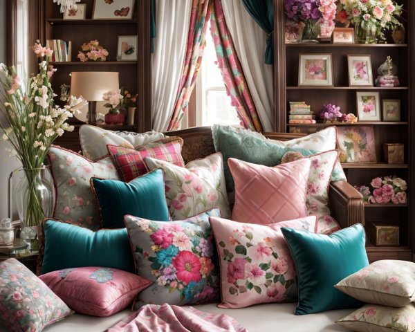 Cozy living space with floral pillows and bookshelves