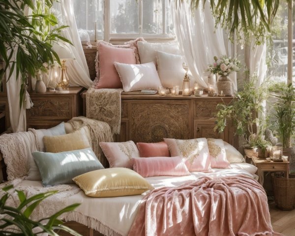 Cozy Sunlit Corner with Plush Sofa and Greenery
