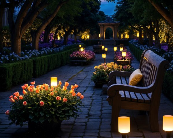 Serene Garden Pathway with Vibrant Flowers and Lanterns