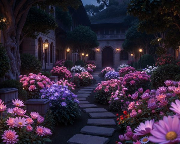 Twilight Garden Path with Vibrant Blooms and Lanterns