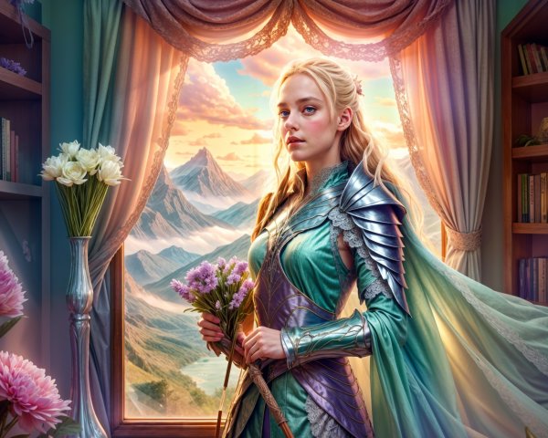 Regal Figure by Window with Mountain View and Flowers
