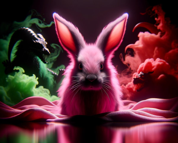 Vibrant Pink Rabbit with Colorful Smoke Background