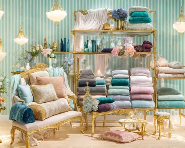 Elegant Bedding and Cushions on Golden Shelf Display