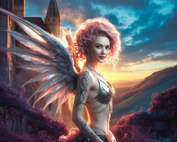 Fantasy Scene with Woman in Armor and Ethereal Wings