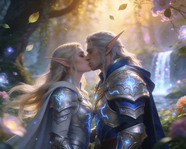 Elves Kissing in a Magical Forest Digital Painting