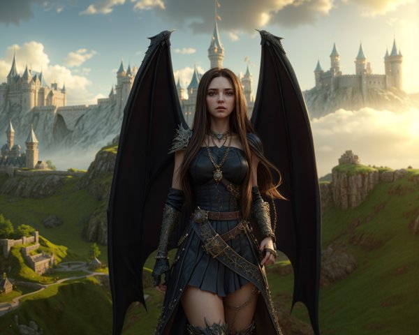 Fierce warrior in black outfit with dramatic wings