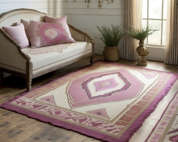 Cozy living space with light sofa and pink accents