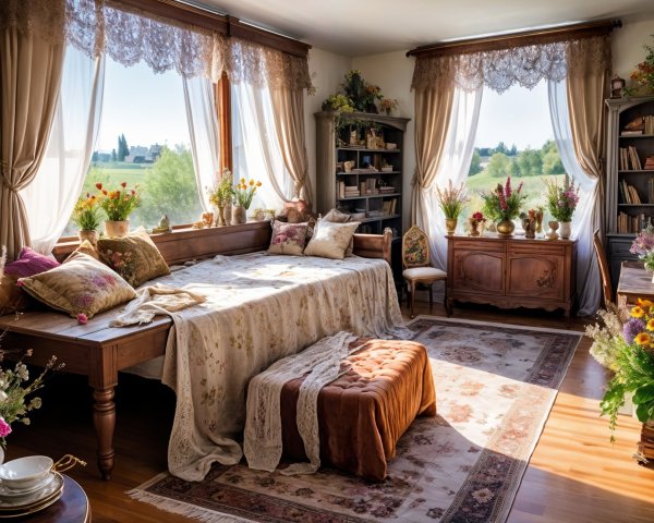 Cozy Sunlit Bedroom with Floral Decor and Greenery View