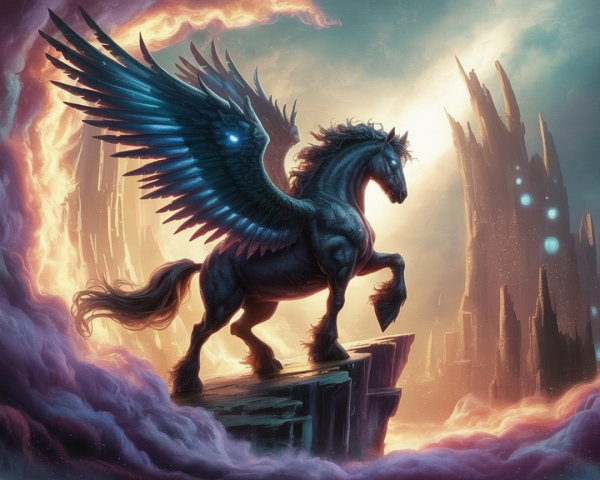 Majestic Winged Horse in a Mystical Landscape