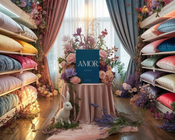 Cozy Floral Room with Fabric Rolls and Decor Elements