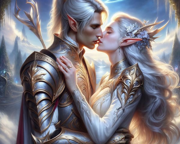 Fantasy Elves Embracing in Ornate Armor and Garments