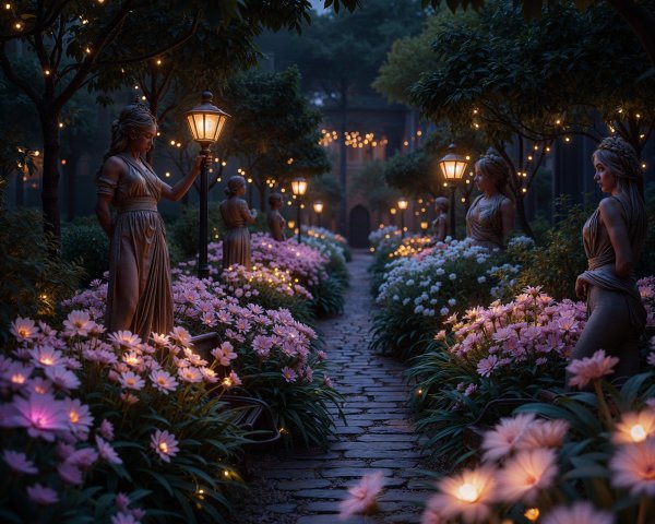 Twilight Garden with Statues and Lanterns