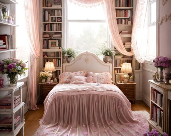 Cozy Bedroom with Pink Hues and Floral Decor