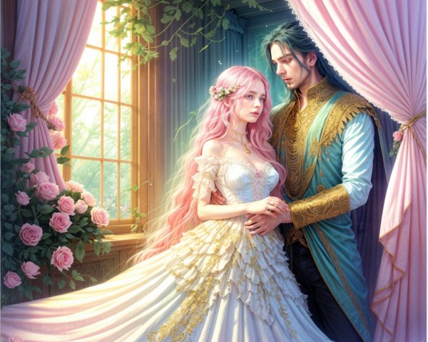 Couple in a Sunlit Room Surrounded by Roses