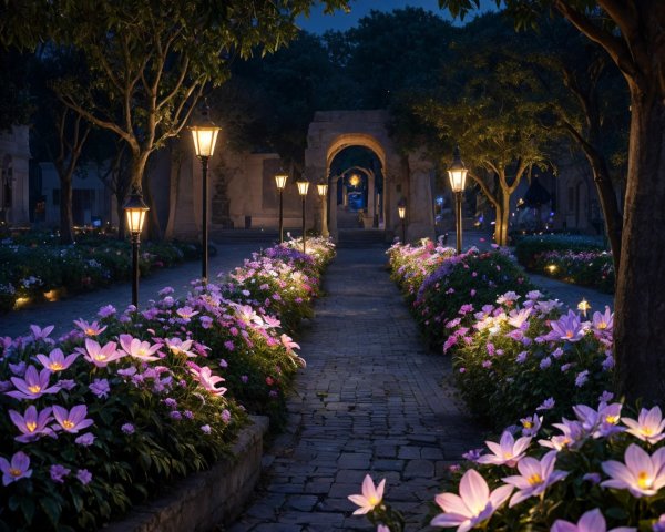 Serene Nighttime Garden with Lanterns and Flowers