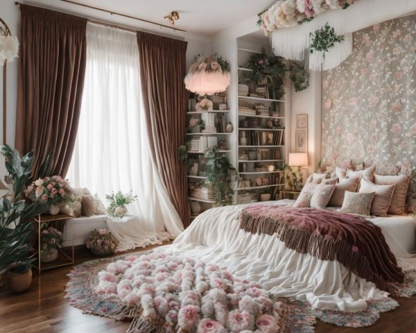 Cozy Elegant Bedroom with Floral Decor and Textiles