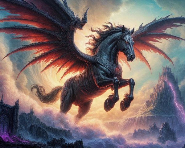 Majestic black winged horse in stormy sky setting