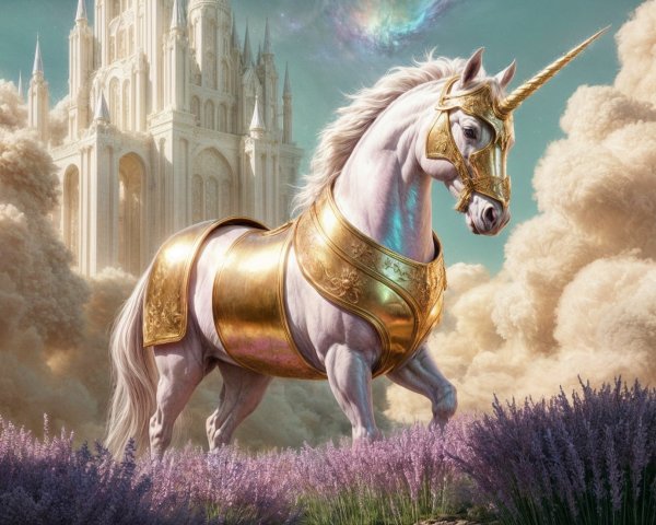 Unicorn in Golden Armor in Lavender Field Scene
