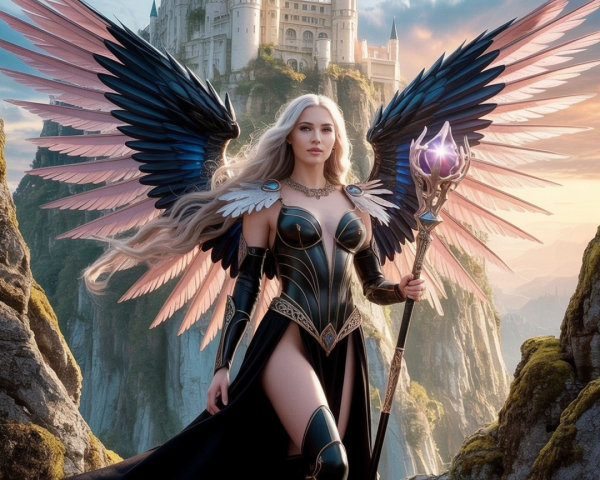 Ethereal Figure with Armor and Wings on Cliff