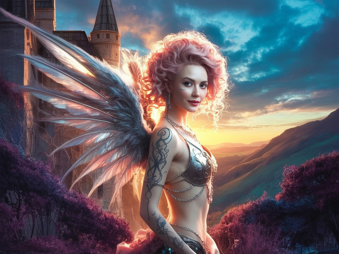 Fantasy Scene with Woman in Armor and Ethereal Wings