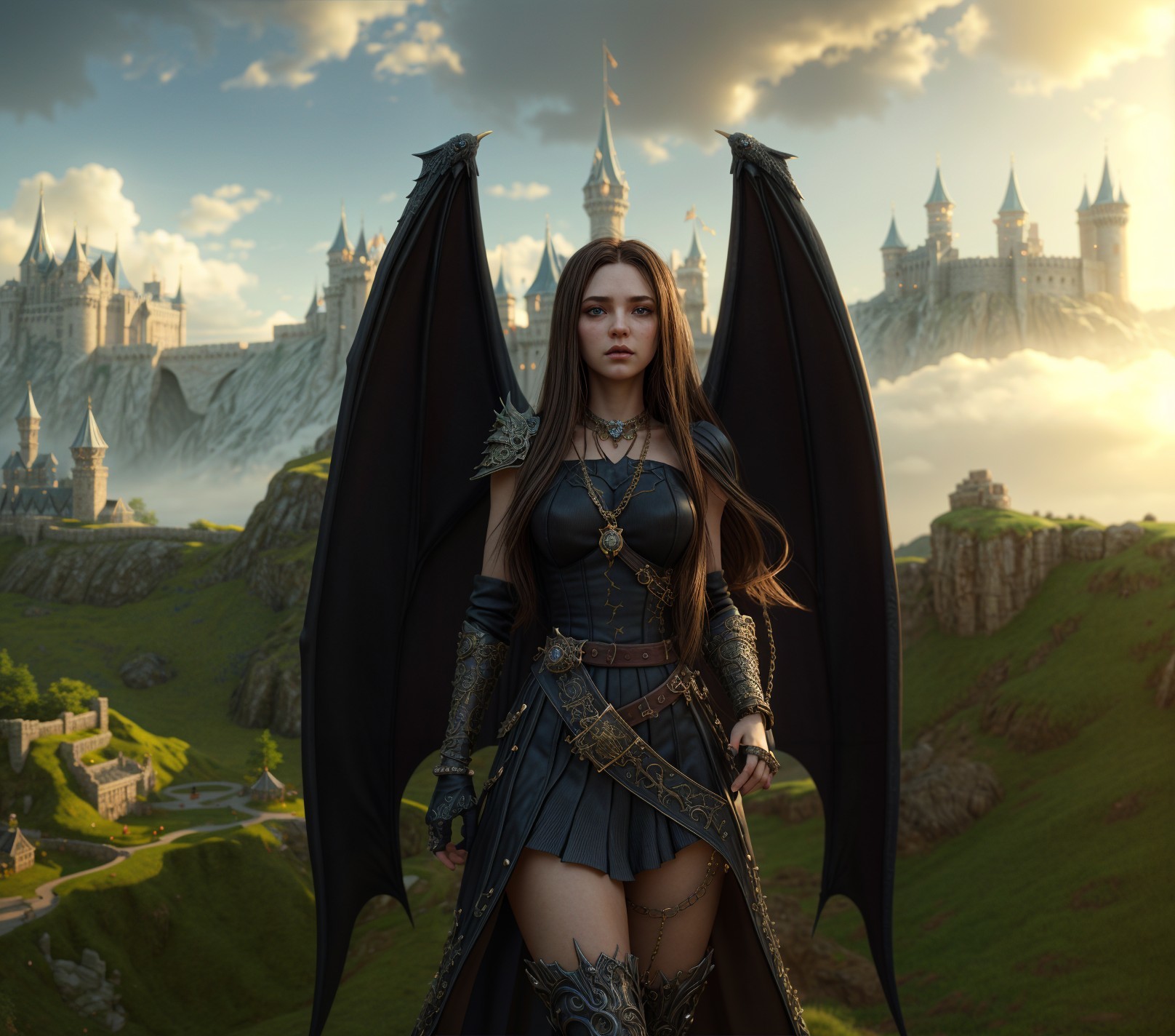 Fierce warrior in black outfit with dramatic wings