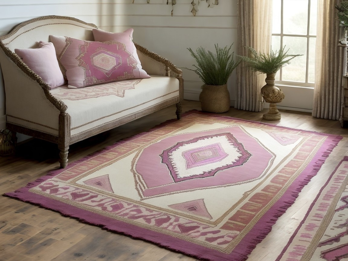 Cozy living space with light sofa and pink accents