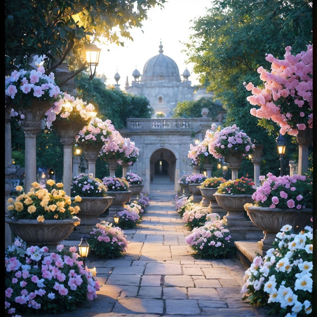 Ornate Stone Planters and Vibrant Flowers in Garden Path