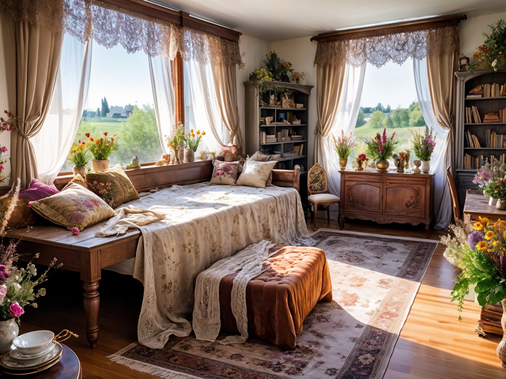 Cozy Sunlit Bedroom with Floral Decor and Greenery View