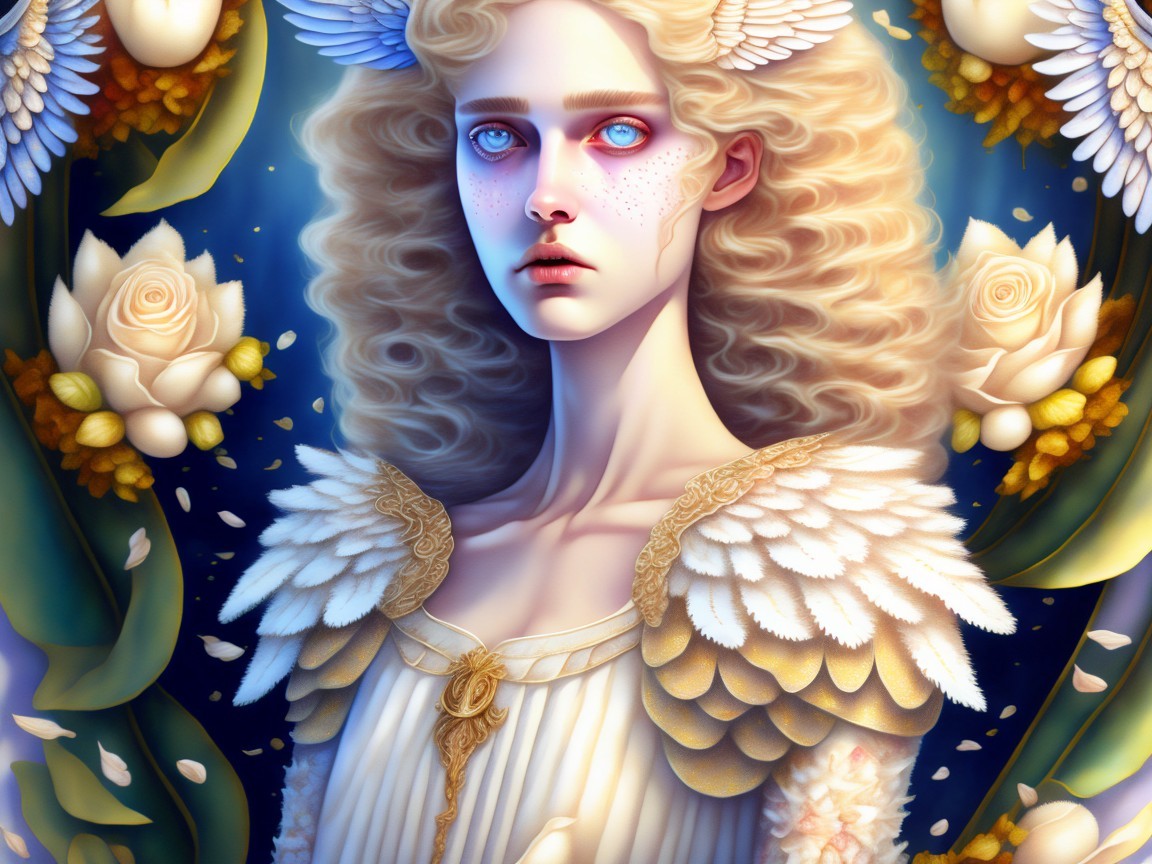 Young woman with feathered wings in floral setting