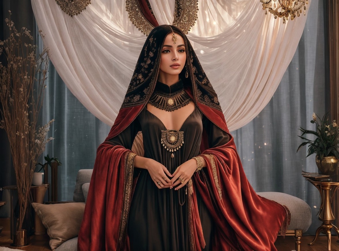 Elegant Woman in Luxurious Setting with Black Gown
