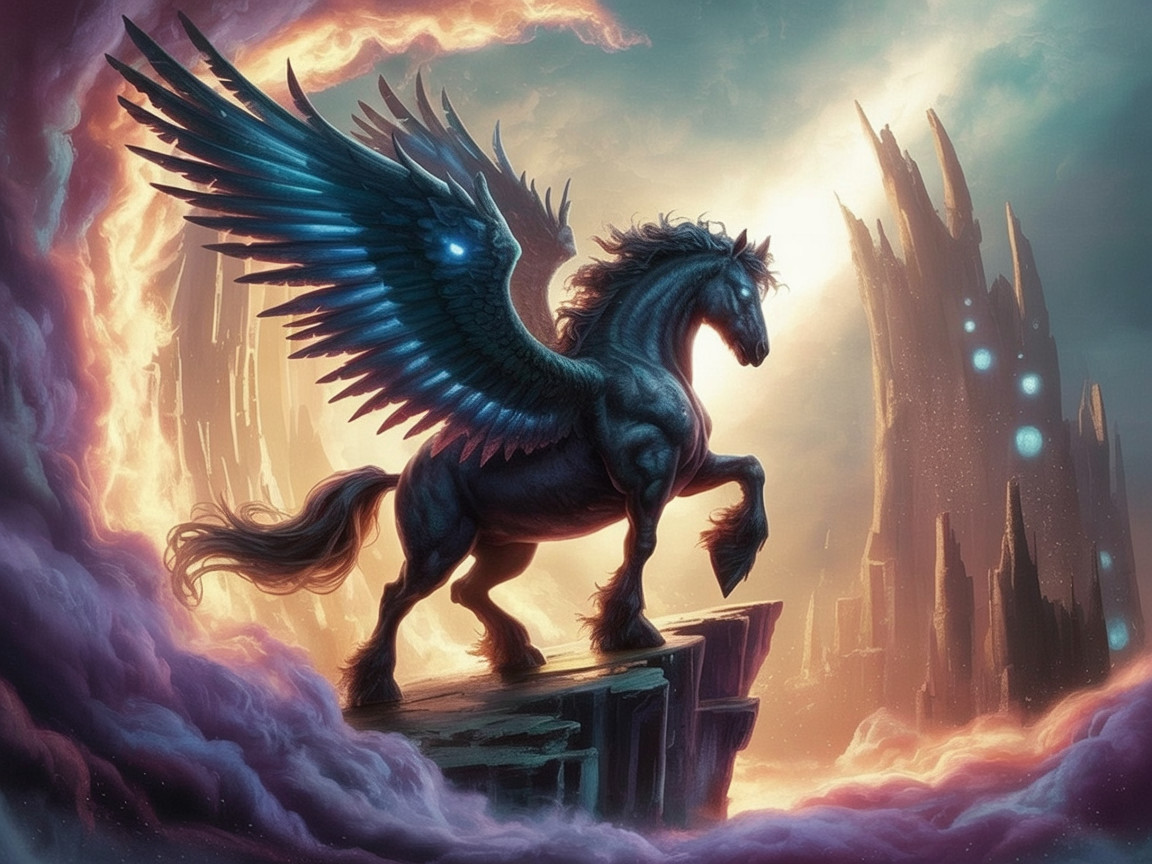 Majestic Winged Horse in a Mystical Landscape