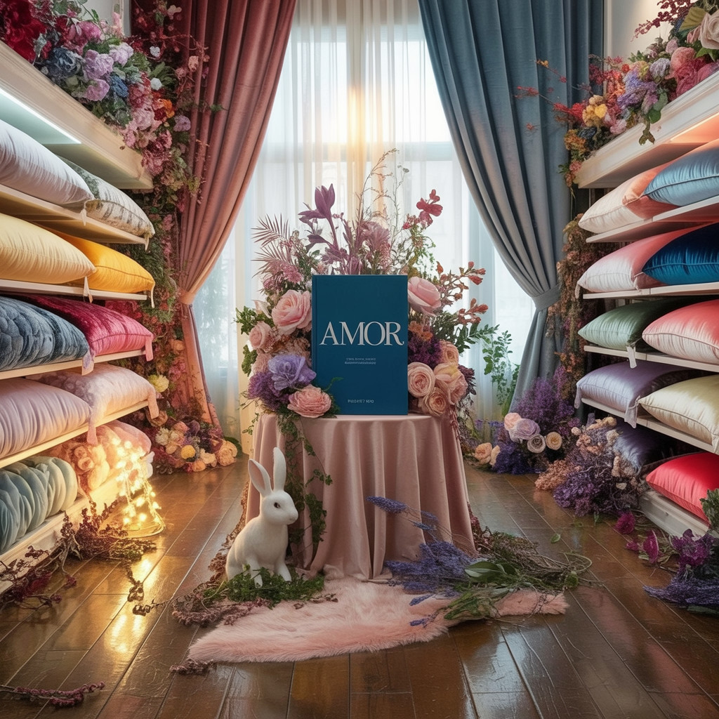 Cozy Floral Room with Fabric Rolls and Decor Elements
