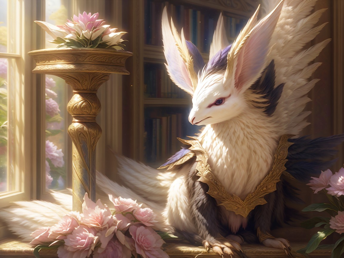 Majestic Creature in Sunlit Room with Flowers