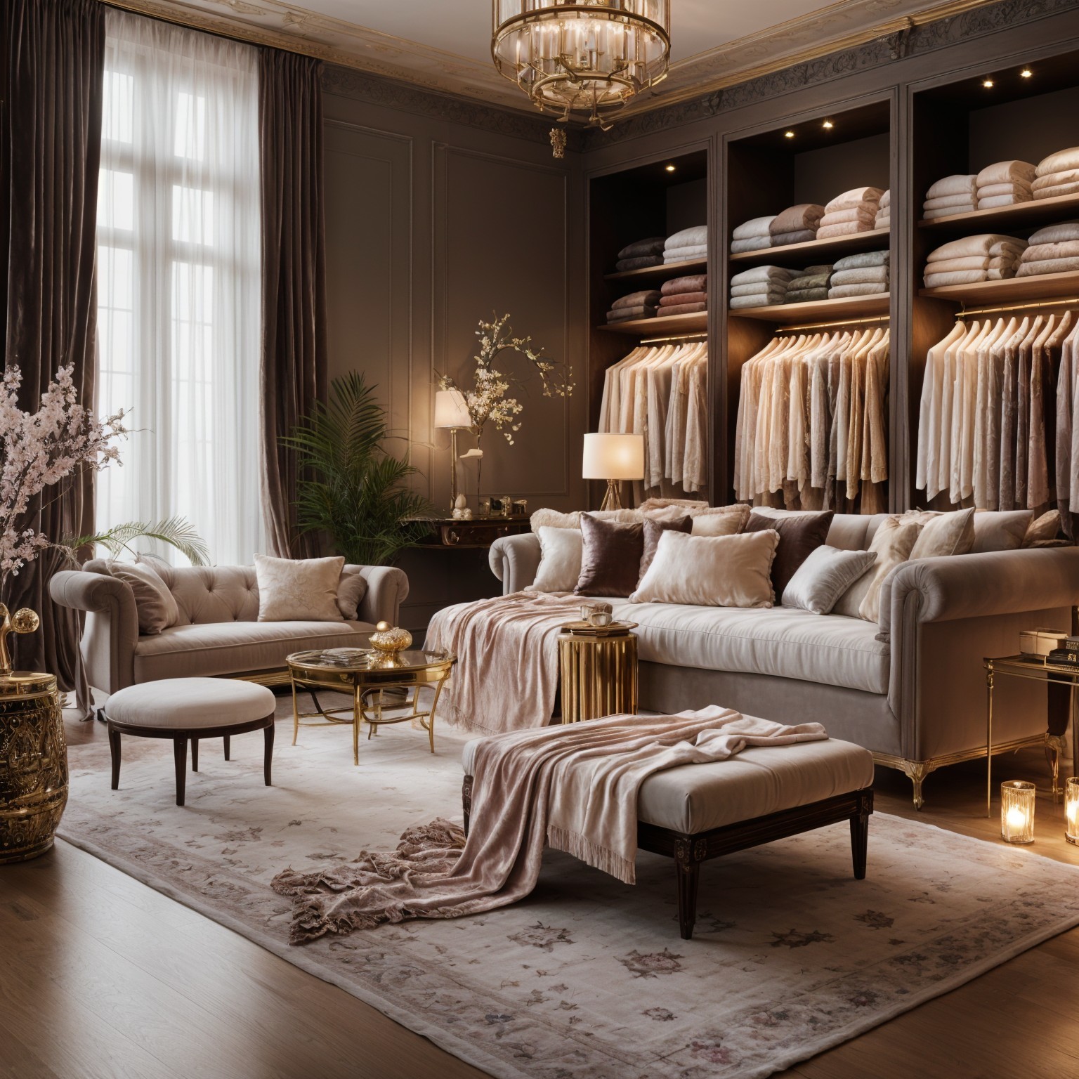 Elegant Living Room with Velvet Sofa and Warm Decor