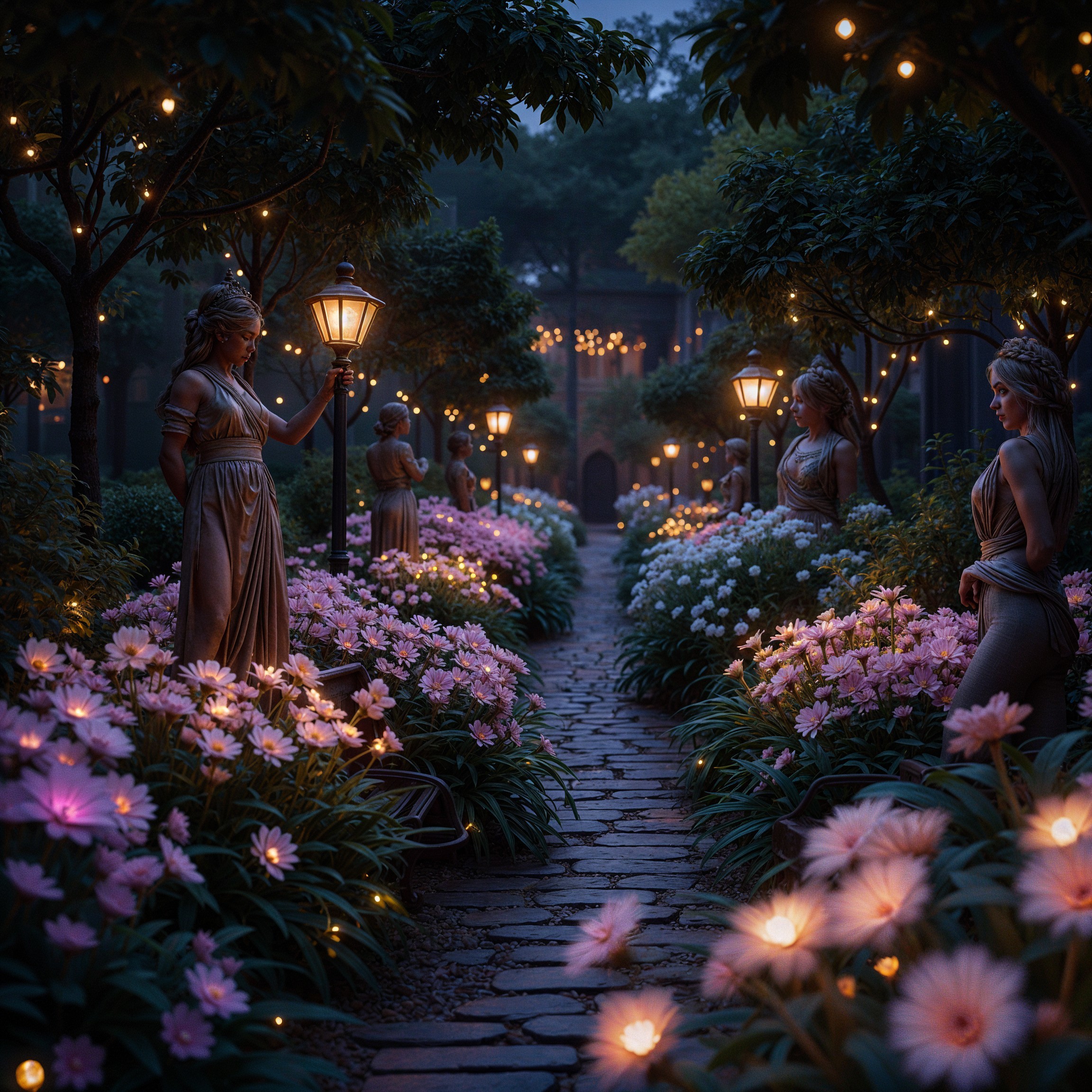 Twilight Garden with Statues and Lanterns