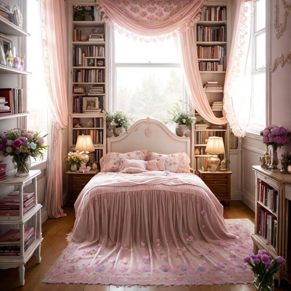 Cozy Bedroom with Pink Hues and Floral Decor