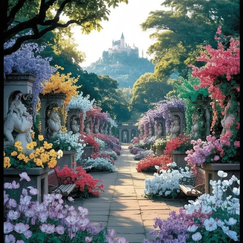 Tranquil Garden Path with Vibrant Flowering Plants