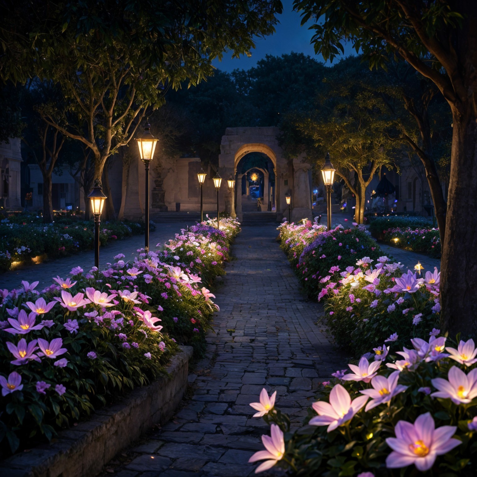 Serene Nighttime Garden with Lanterns and Flowers