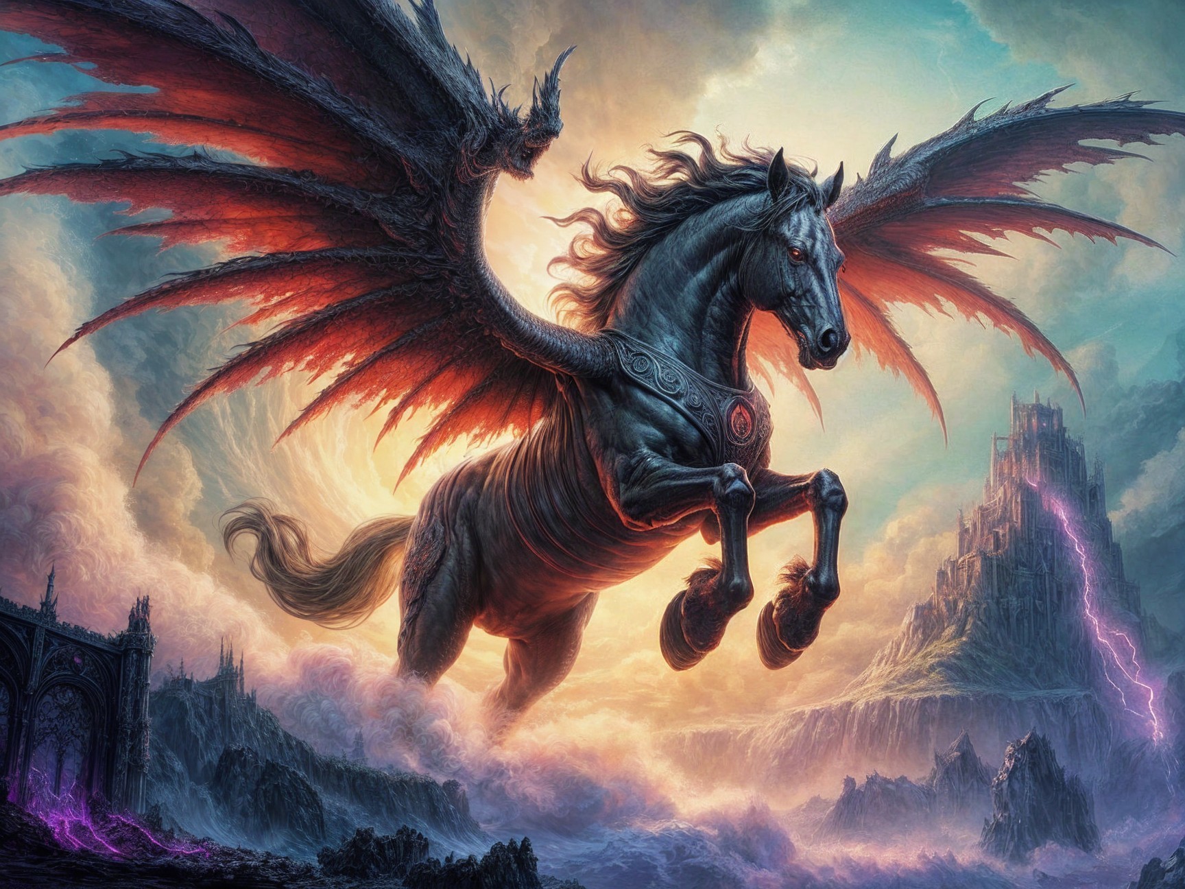 Majestic black winged horse in stormy sky setting
