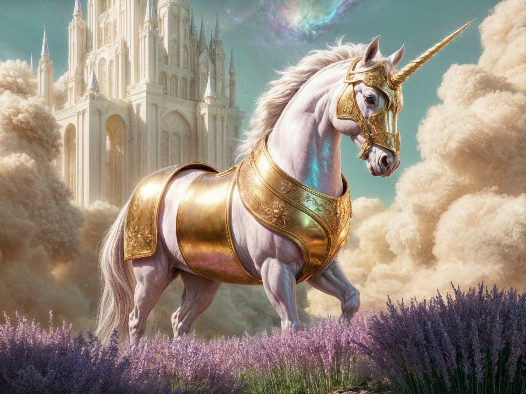 Unicorn in Golden Armor in Lavender Field Scene
