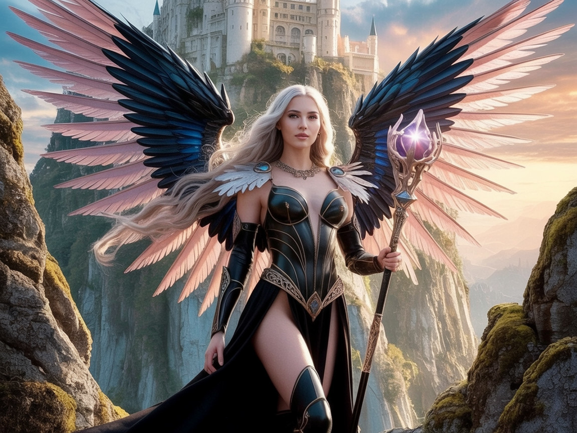 Ethereal Figure with Armor and Wings on Cliff
